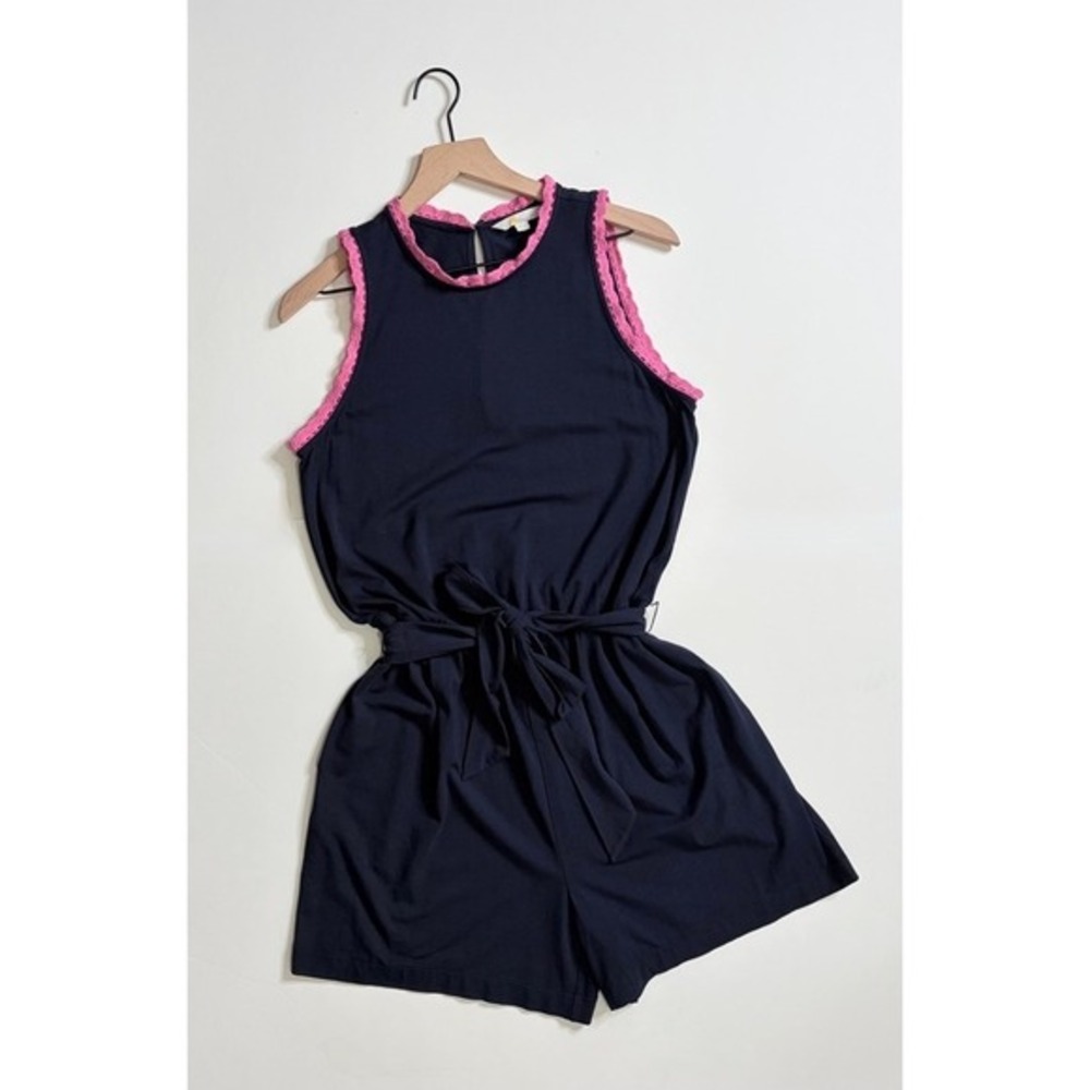 BODEN Caitlin Jersey Knit Romper Playsuit Crochet Trims Navy Blue Pink 8 Tall - Picture 3 of 16